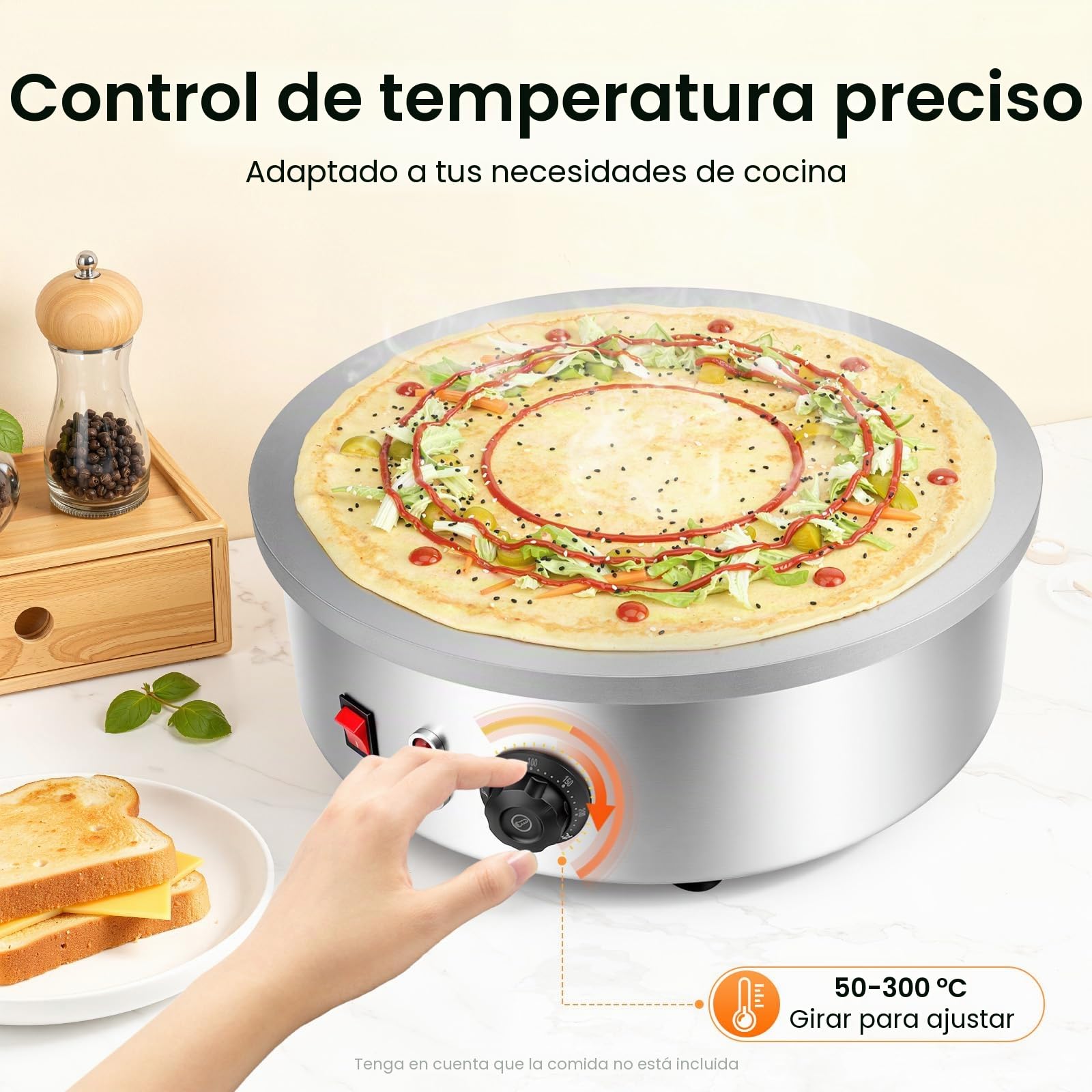 Crepa Eléctrica 45cm Eléctrico Acero Inoxidable 2800W Revestimiento Antiadherente 150-280℃
