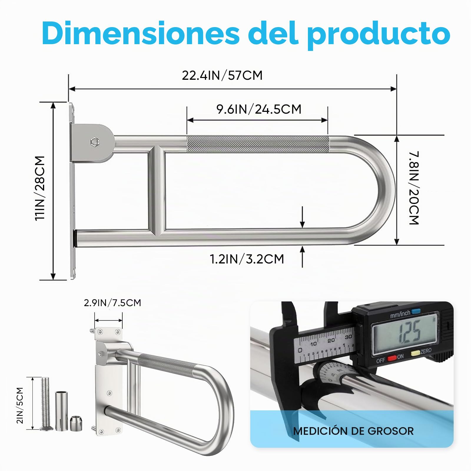 60cm Barra de Apoyo para Inodoro, Barras Minusvalidos Abatibles | Acero Inoxidable, Asidero Seguridad Baño Soporta 300-350 kg Antideslizante Montaje Pared Mango Agarre