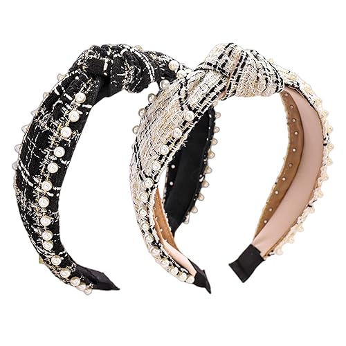 Miniatura 2 de 2 diademas elegantes con cuentas para mujer, diadema de perlas anudadas en blanco y negro para niñas