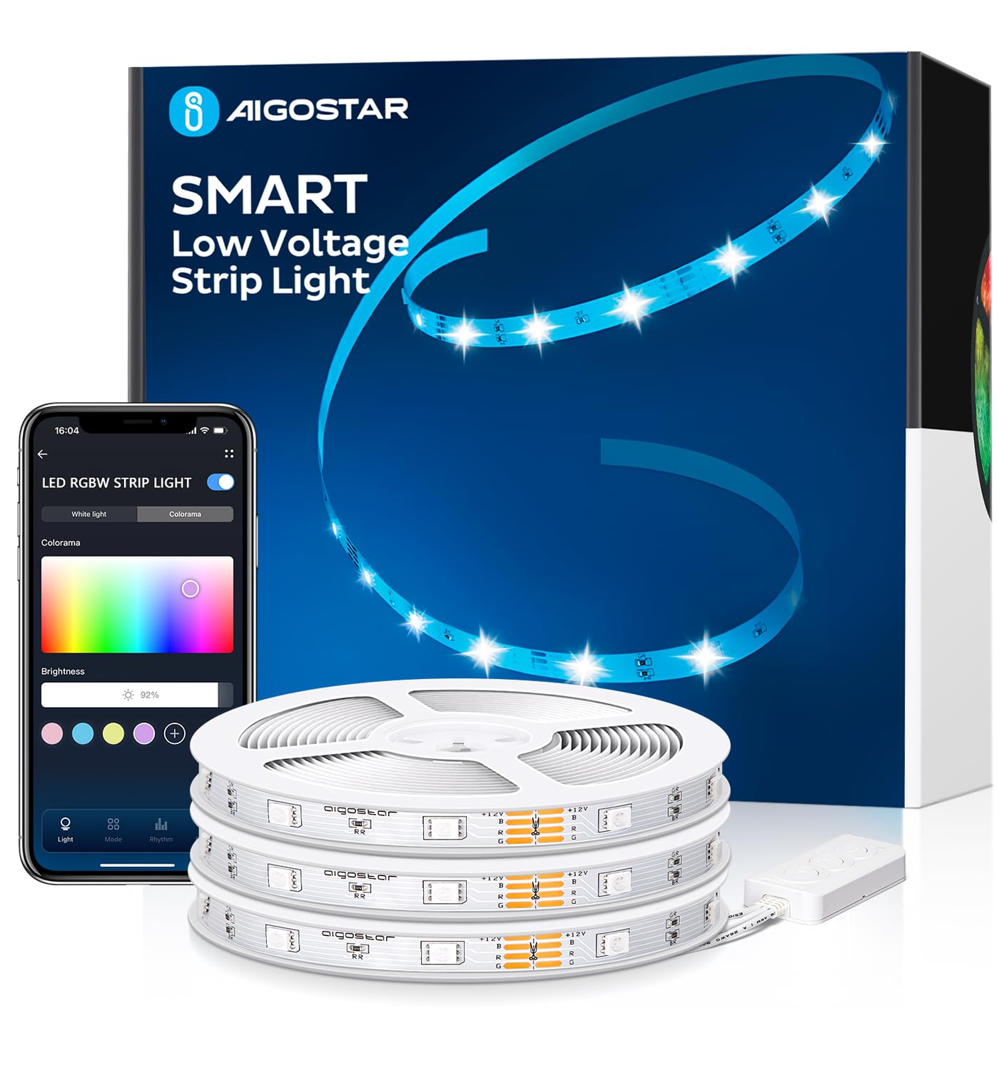 Aigostar RGB Led Strip Light 15m Plug in Led Strip Lights with Music Sync Mode Work with Smart WiFi App Control & Remote Led Lights for Bedroom Party TV Living Room 3 Rolls of Led Strip Light 5m