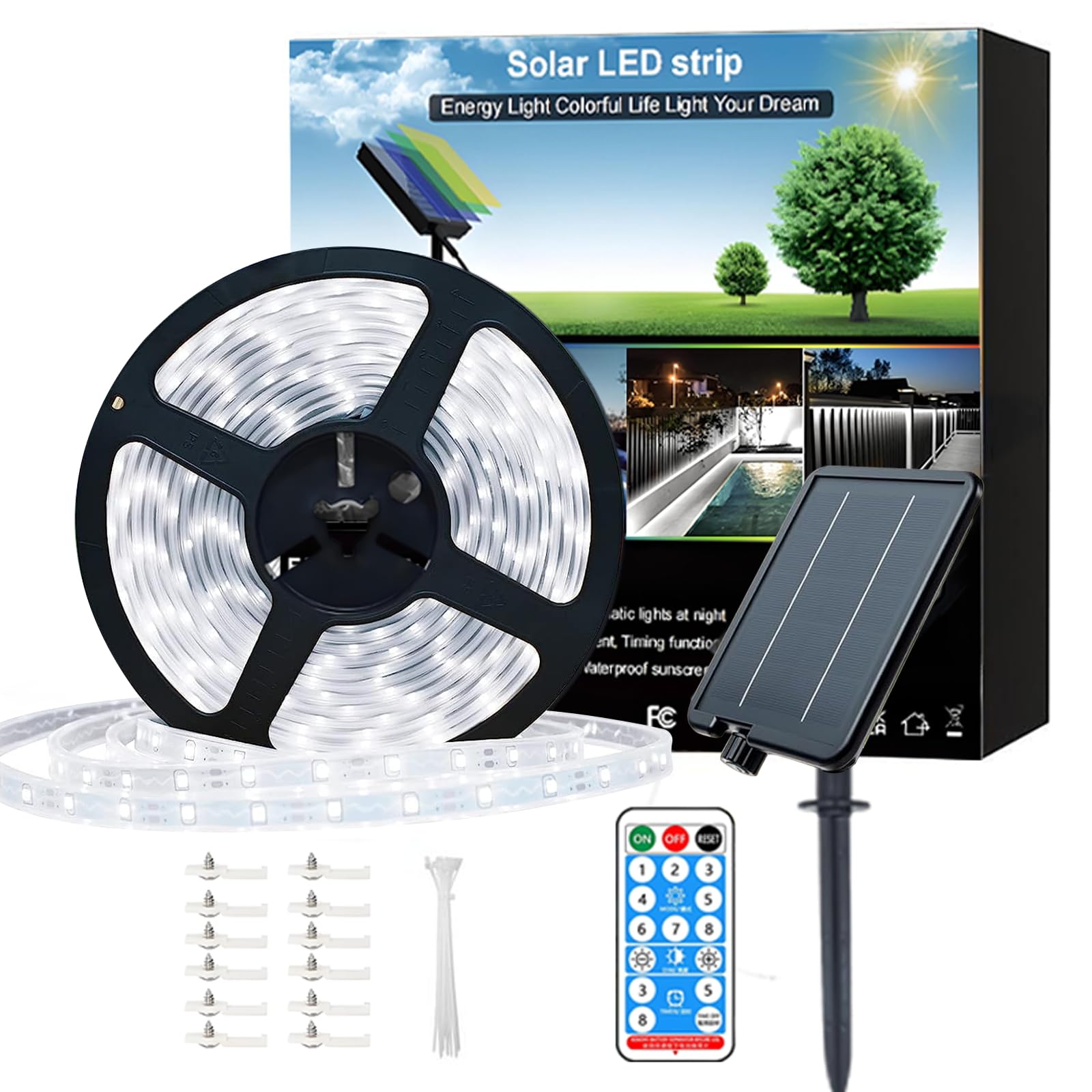 Striscia di luci a LED a energia solare per esterni, 15 m, autoadesiva, impermeabile, 8 modalità con timer remoto e accensione automatica, perfetta per terrazza, patio, sentieri, decorazioni