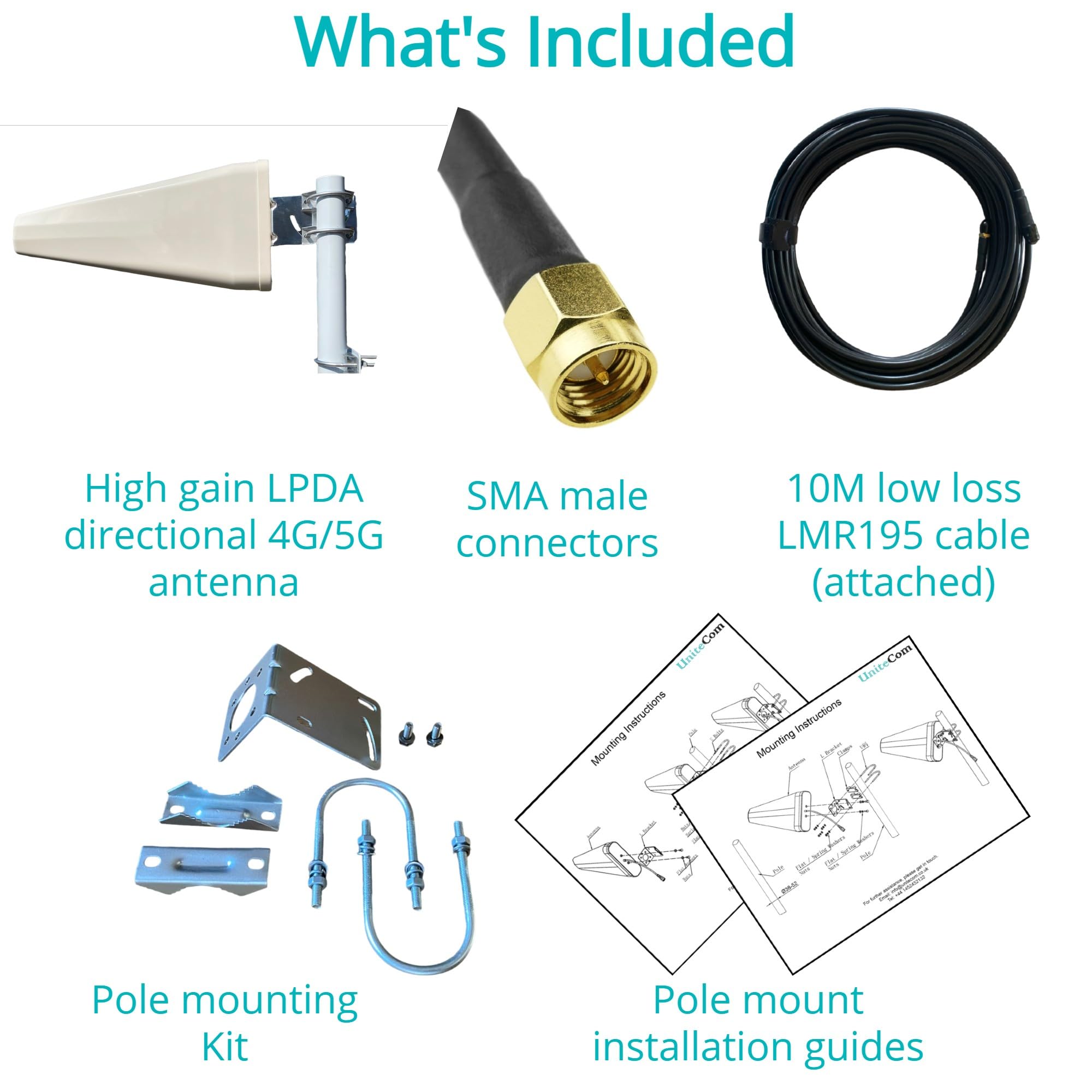 Antenne Yagi directionnelle LPDA 4G 5G à Gain élevé 11 dBi 10 mètres Câble LMR195 50 Ohm 600 MHz-6 GHz IP67 Antenne LTE étanche intérieure/extérieure Three 02 Vodafone EE (Antenne Unique – C