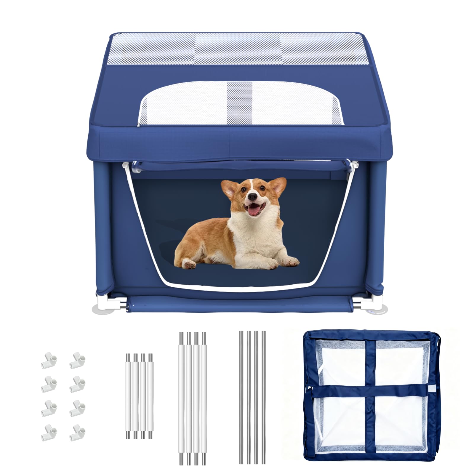 Parc pour Chiots, enclos pour Chiens de Petite Taille, Parc de sécurité pour Animaux de Compagnie avec Tissu renforcé, Filet en Nylon et Tubes en Acier Inoxydable (Blue, 90x90x66cm, 6)