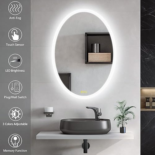Miniatura 2 de CITYMODA Espejo LED ovalado de baño de 20 x 28 pulgadas, espejo ovalado iluminado de 3 colores, espejo LED regulable para baño, antiniebla, montado