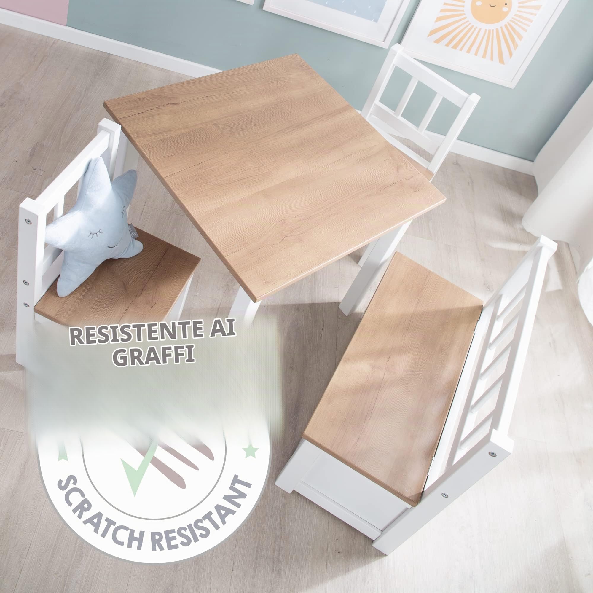 roba Set Tavolo + 2 Sedie per Bambini Woody - Robusti e Resistenti - Mobili per la Cameretta - dai 18 Mesi - Decorazione in Legno - Legno Laccato Bianco