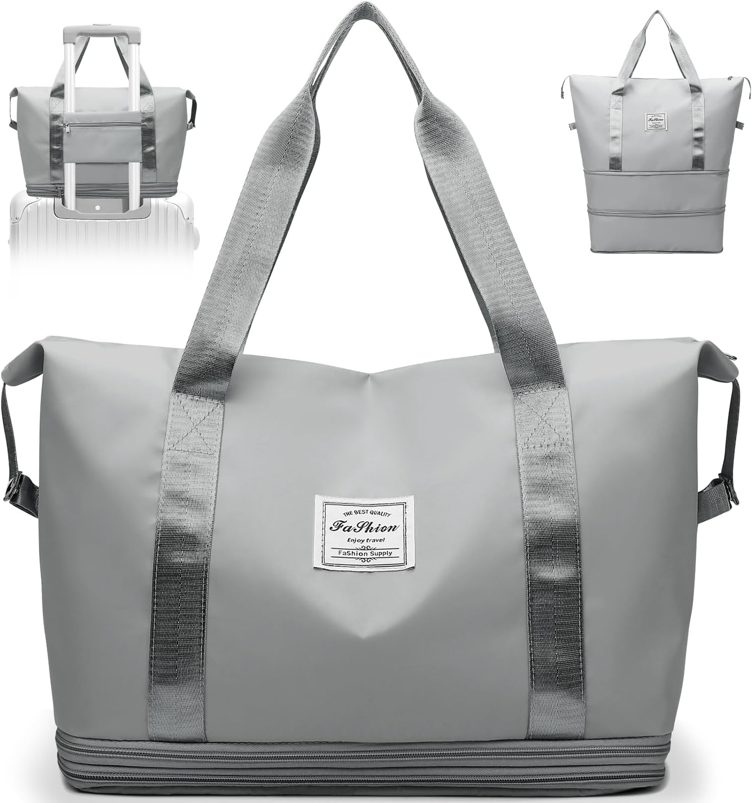 WasarmirTravel Duffel Bag, Dry & Wet Seperated Tote Sports Gym Bag, Expandable Weekend Overnight Bag for Women Men, Waterproof Carry on Hand Luggage Bag Holdall Bag for Outdoor Sports Travel, Grey