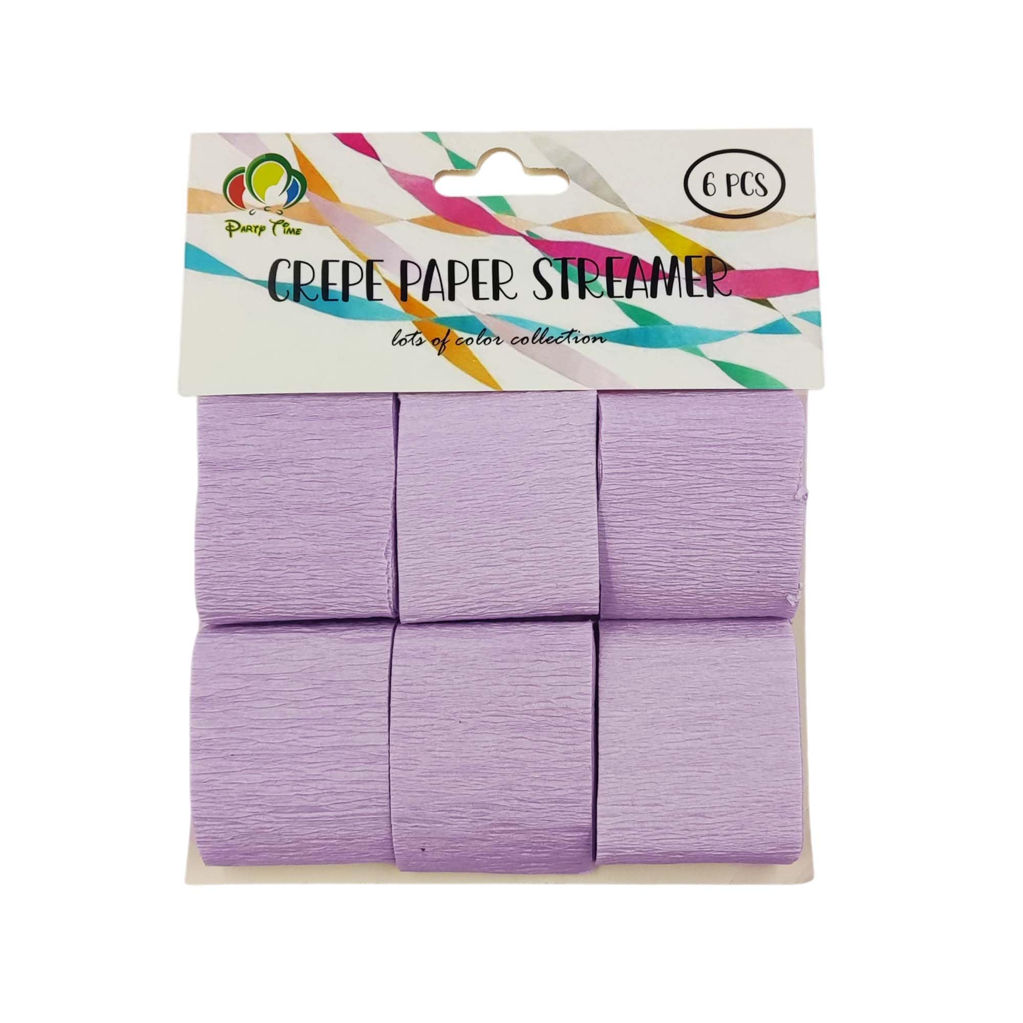 PARTY TIME - 6 Pieces Pastel Purple Small Crepe Paper Streamers for Hanging Decorations like Wedding Ceremony Birthdays Christmas Parties and Event Gatherings (2.5m. x 4.5cm.)