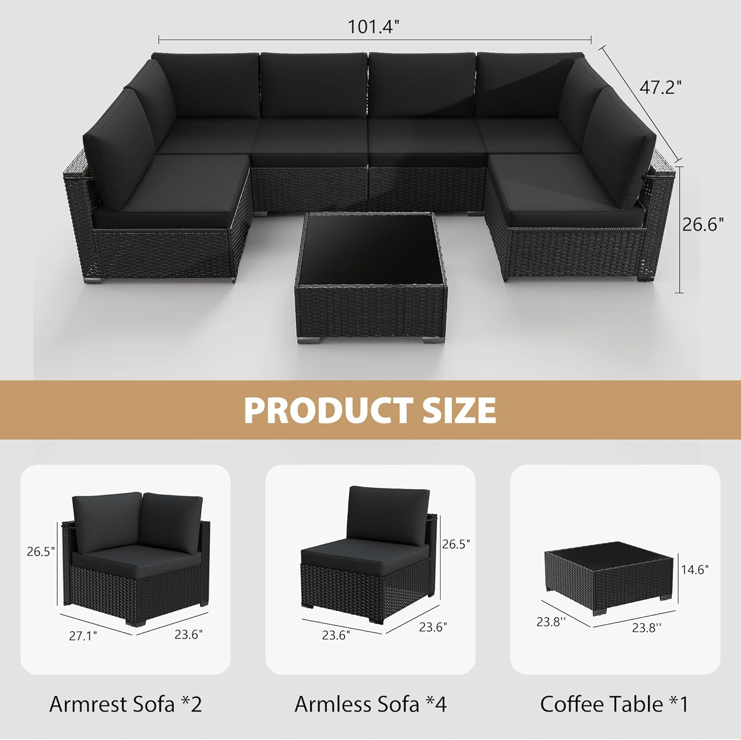 KIGOTY Patio Furniture Set,7 Pieces Modular Outdoor Sectional Sofa, PE Rattan Patio Conversation Set, All Weather Wicker Patio Furniture with Cushions and Coffee Table（Black/Black）