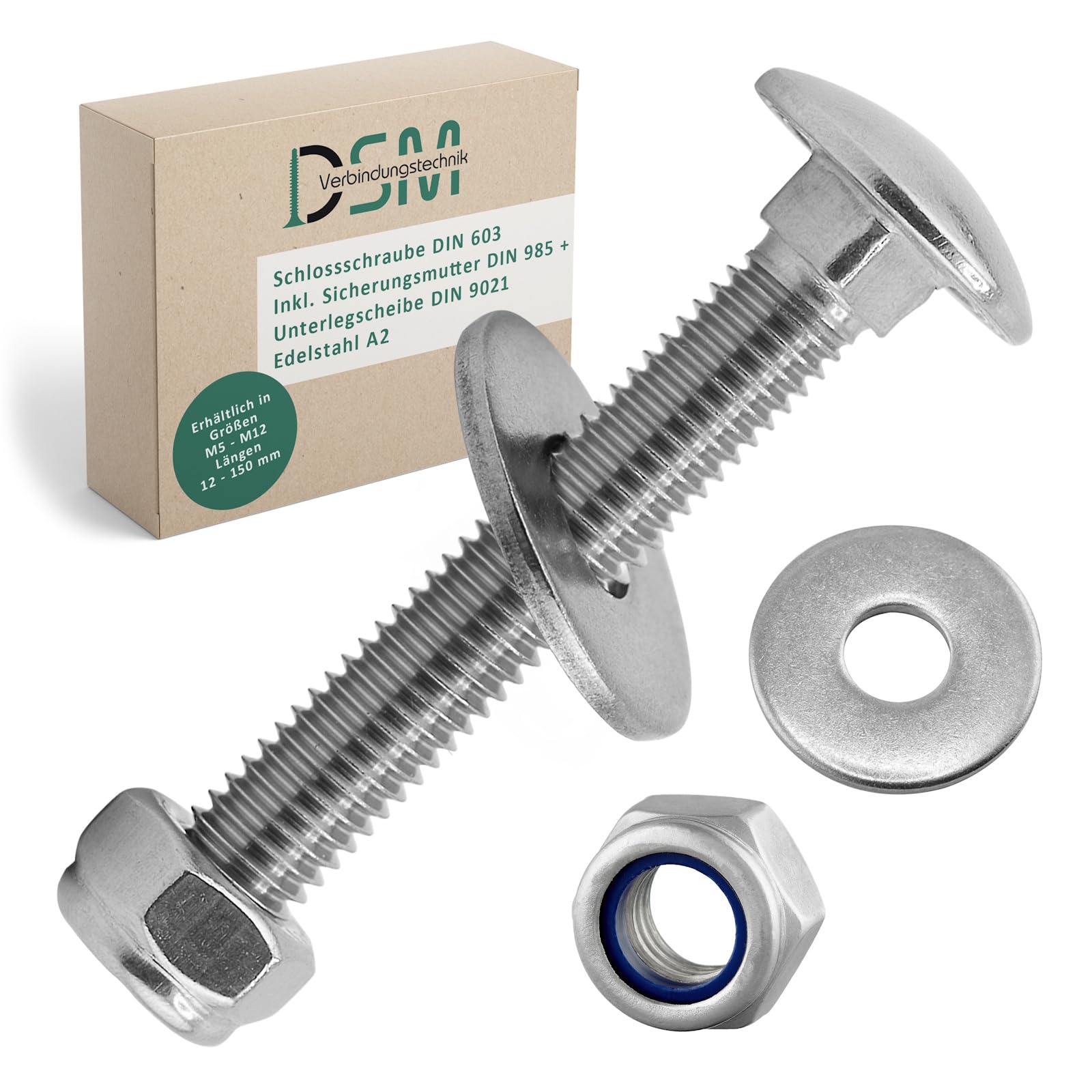 DSM – Schlossschrauben M8 x 40 mm nach DIN 603 – M8 Sicherungsmutter DIN 985 & Unterlegscheibe DIN 9021 – Edelstahl A2/V2A – Flachrundkopfschrauben mit Vierkantansatz – Stoppmuttern – 50 Stück