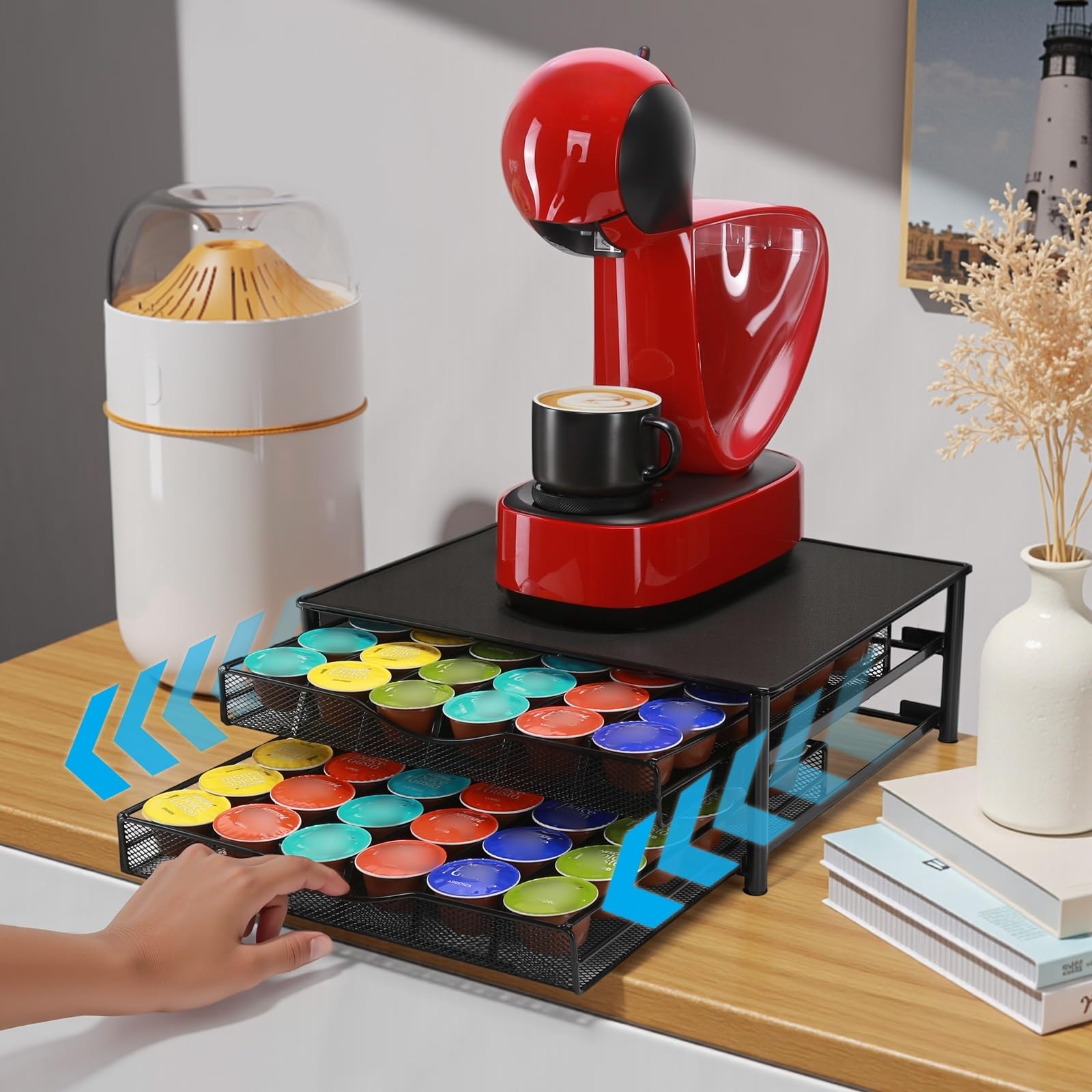 Porte-Capsule pour 72 Dolce Gusto Capsules, Support de Machine à Café avec 2 Tiroirs de Rangement Dosettes Antidérapants, Distributeur/Organisateur Capsules en Métal avec Surface Anti-Vibration