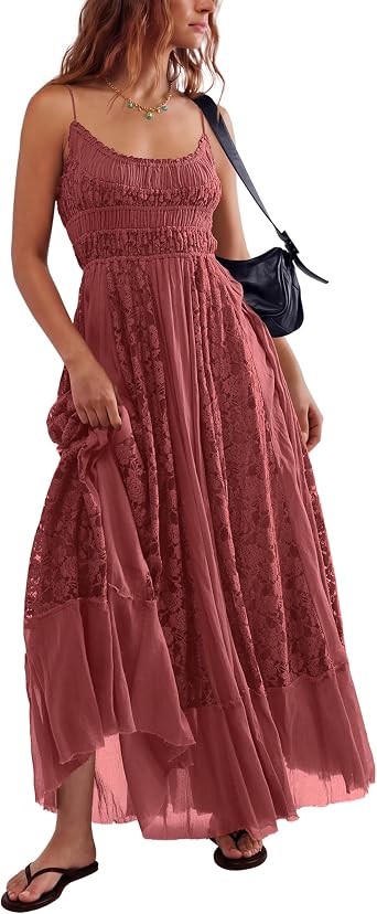 Gacaky Summer Dress for Women Casual Lace Floral Embroidered Bohemian Maxi Dress Flowy A Line Beach Long Dresses
