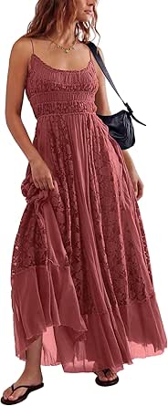 Gacaky Summer Dress for Women Casual Lace Floral Embroidered Bohemian Maxi Dress Flowy A-Line Beach Long Dresses