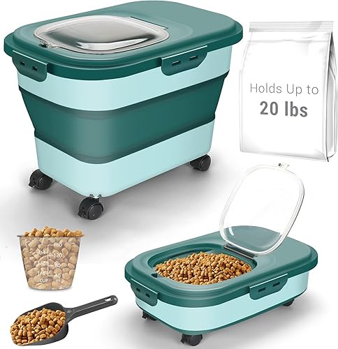 Contenedor de almacenamiento de alimentos para perros, contenedor hermético plegable de 20 libras para alimentos para mascotas con ruedas, cuchara,
