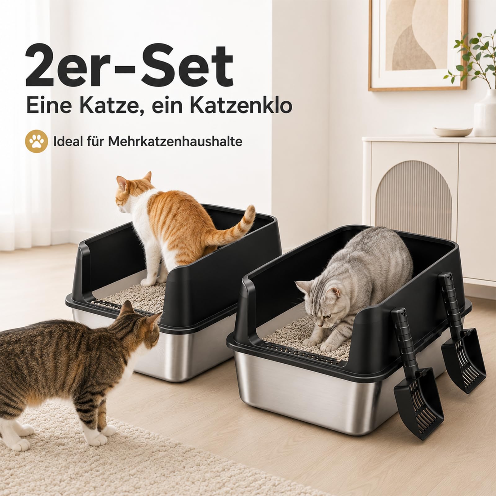 Inodoro para gatos de acero inoxidable, 43 x 33 x 30, color negro