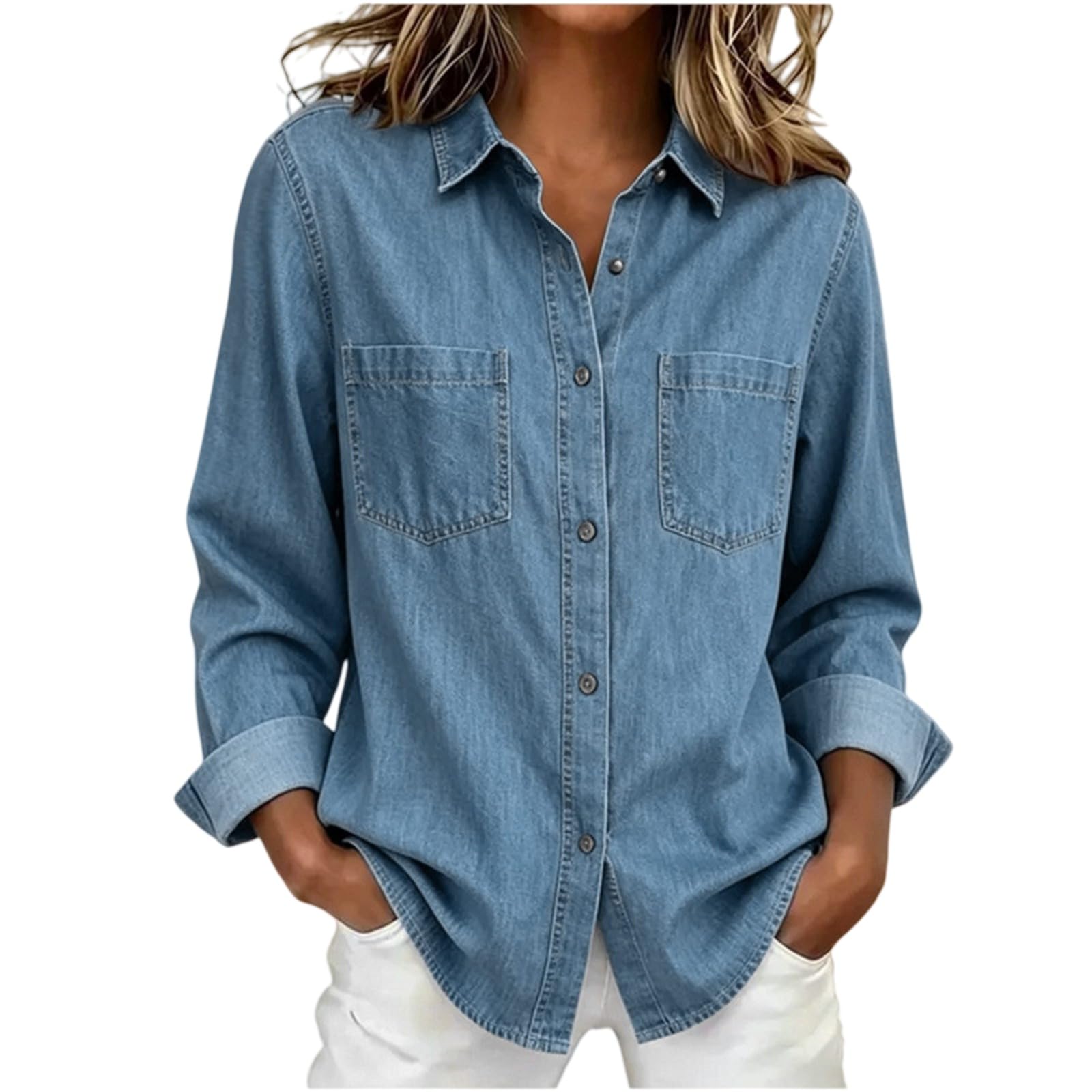 Camicia da donna in denim con bottoni, a maniche lunghe, leggera, in | Morbido tessuto denim leggero con vestibilità comoda e design con bottoni e tasche funzionali sul petto