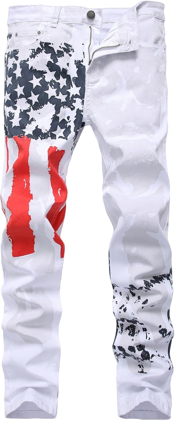 Men's Casual American Flag Printed Jeans Skinny White Denim Pants,8237