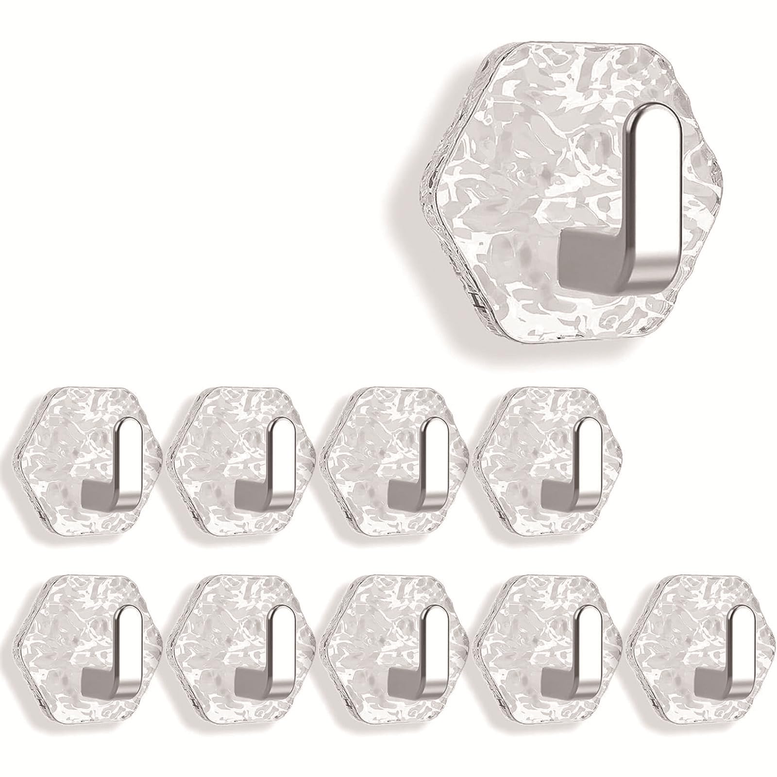 Houkunka Silver 10Pcs Water Ripple Hexagonal Self Adhesive Hooks - Self-Adhesive Hooks Hexagonal Ripple Design,No Drill Bathroom Kitchen Wall Hooks For Towels, Keys & Home Decor (Silver)