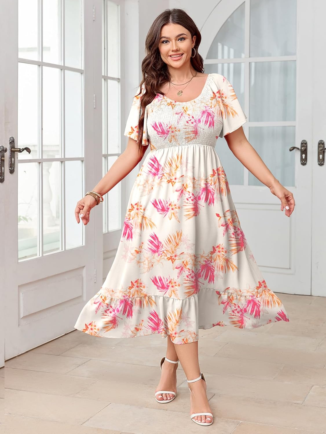 SCOMCHIC Women's Plus Size Summer Dress Casual Short Sleeve Scoop Neck Maxi Dress Smocked Ruffle Boho Flowy Long Dresses - Image 4