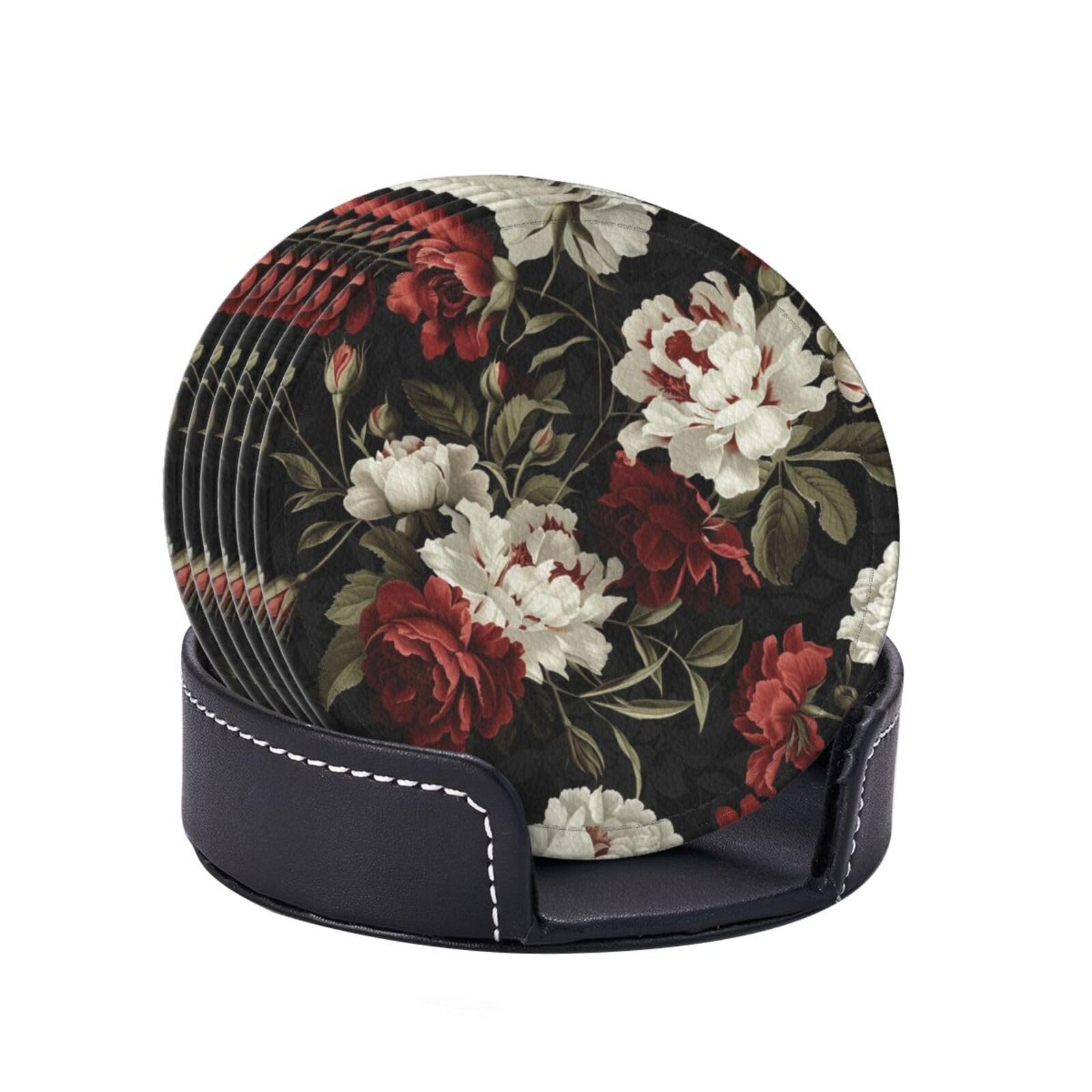 Leather Coasters Set of 6, Retro Blossom Peony Flowers Coasters for Drinks, Cup Mat Pad for Home and Kitchen, Housewarming Gift