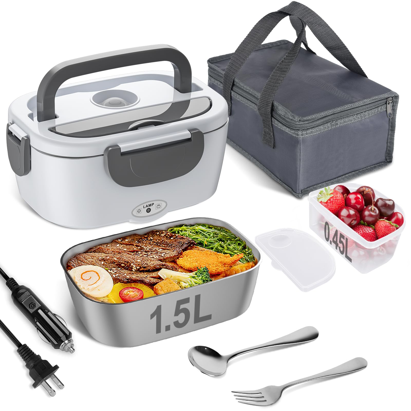 Vabaso Electric Lunch Box Food Heater, 80W Electric Heating Lunch Boxes Lunch for Car/Men/Adults/Home/Work, 1.5L Removable 304 Stainless Steel Container, 110V/12V/24V, with Fork & Spoon
