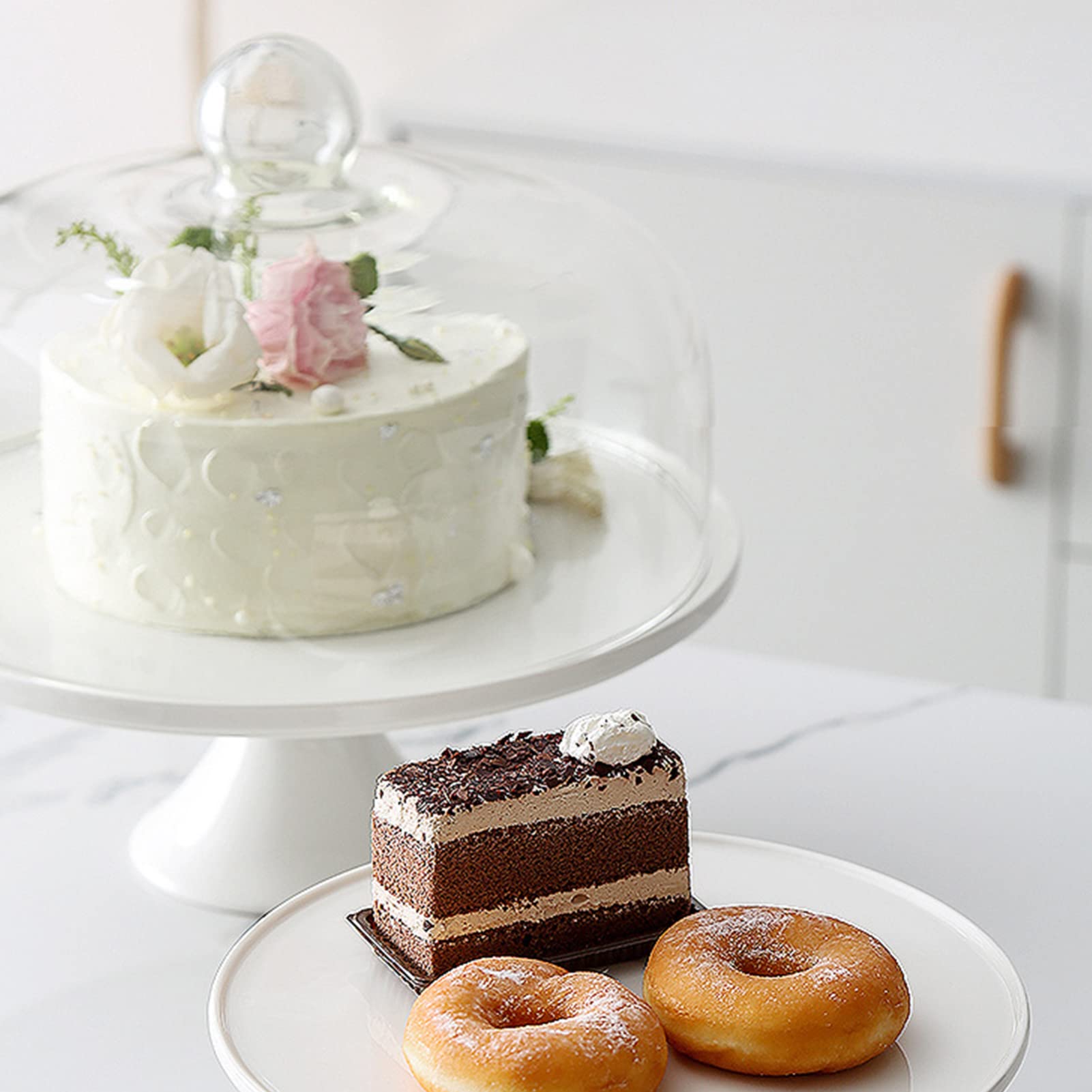 13CM Kuchenständer Keramik Tortenplatte Kuchen Glasglocke Porzellan Teller mit Kuchenglocke Tortenständer Haube Tortenglocke Glas Käseglocke Torten Glashaube Lebensmittel Abdeckung Deckel Cover