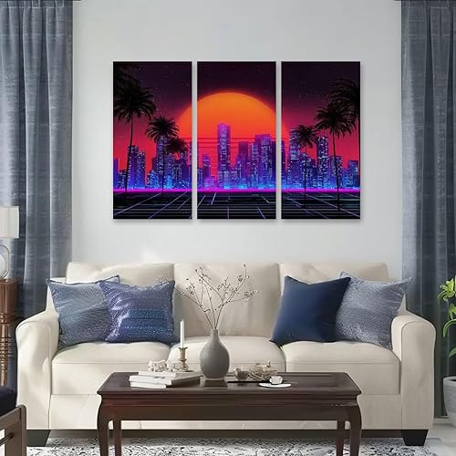 Miniatura 2 de 3 Piece Canvas Wall Art Prints Picture Retro wave synthwave vaporwave skyline scenery landscape Framed Wall Painting Modern Artwork Poster Home