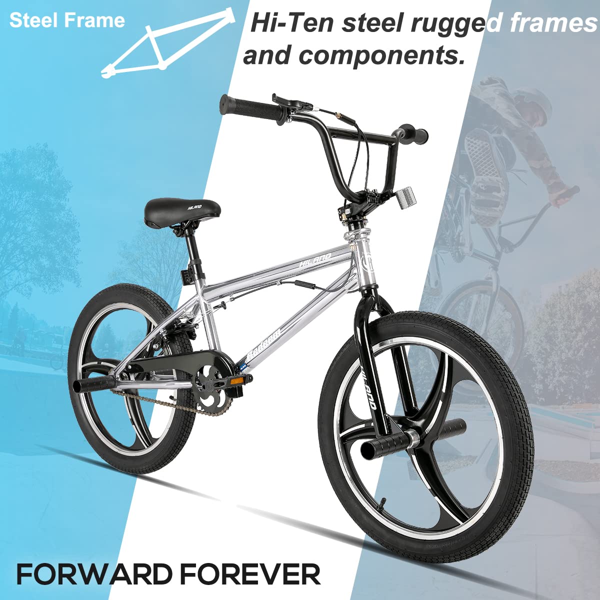 HILAND Bicicletta BMX da 20 pollici a 3 raggi, rotore da 360 gradi per stili Libero, bicicletta BMX a 4 perni per Allenamento e acrobazie, Argento