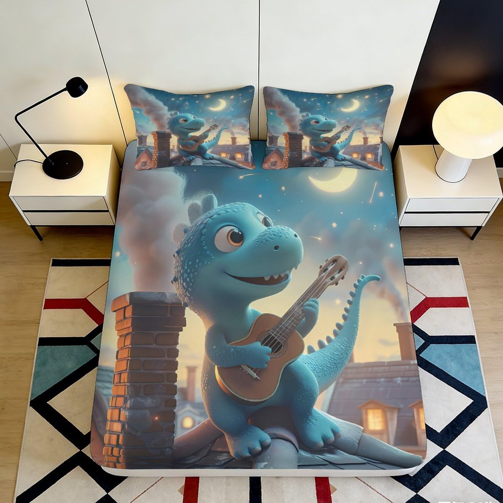 3D Printed Dinosaur Guitar Fitted Sheet Microfiber Deep Pocket Bedroom Bedding Dinosaur Mattress Fitted Cover Non-Slip Washable for Adults Teens 140x200x25cm