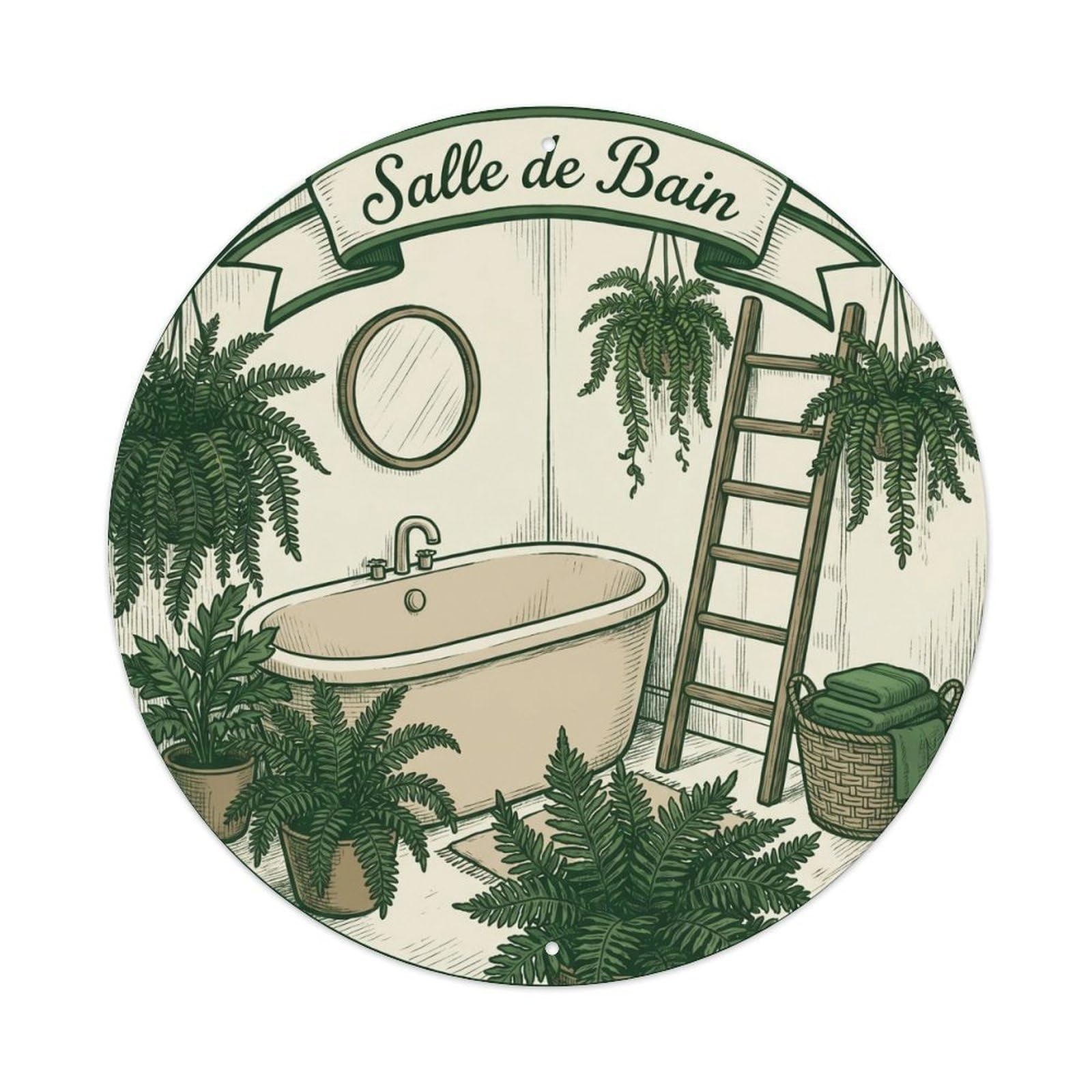 Yrnq Vintage Style Bathroom Fern Round Bathroom Decor Vintage Metal Tin Sign Plaque Wall Decor For Cafe, Club, Garden Round Metal Poster 8X8inch