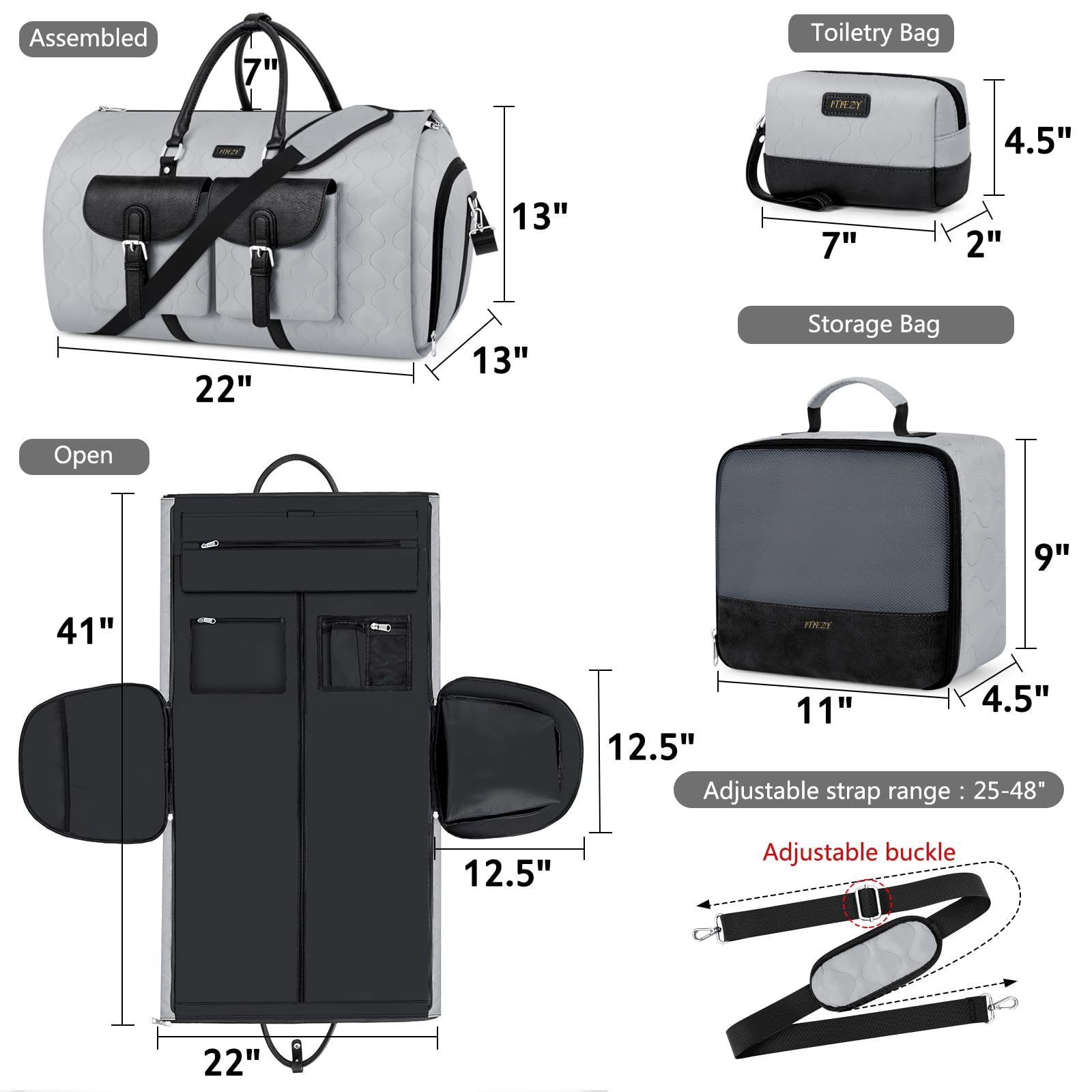 Kleidertasche für Reisen, wandelbare Handgepäcktasche für Damen und Herren, große Wochenendtasche mit Schuhtasche, 2-in-1, zum Aufhängen, Reisetasche, 3-teiliges Set, GRAU