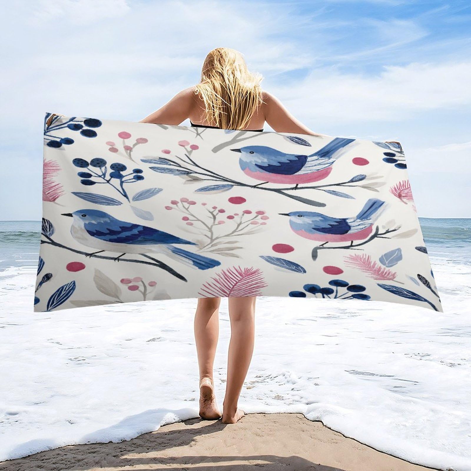Luyysky Classic Vintage Blue Birds Quick-Drying Beach Towel, Cute Watercolor Japanese Botanical Plant Fruit Blueberries Animal Bird Travel Vacation Single Sided Pile Bathroom Towels-80"W Cm X 160"L Cm