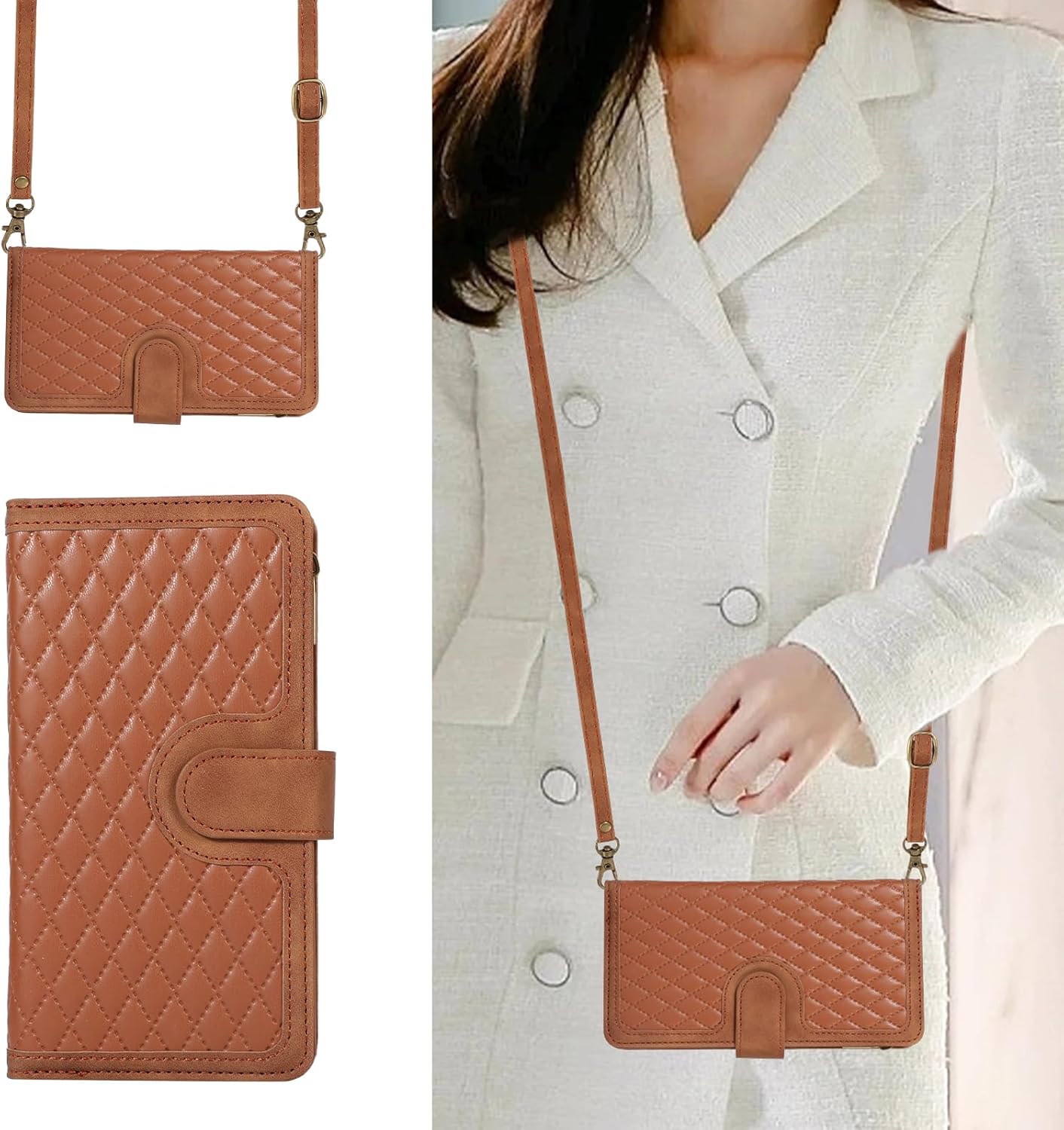 Asuwish Phone Case for Samsung Galaxy S25 Ultra 5G Wallet Cover With Tempered Glass Screen Protector and Crossbody Wrist Strap Flip Zipper Credit Card Holder Cell S25Ultra 25S S 25 25Ultra Women Brown - Image 5