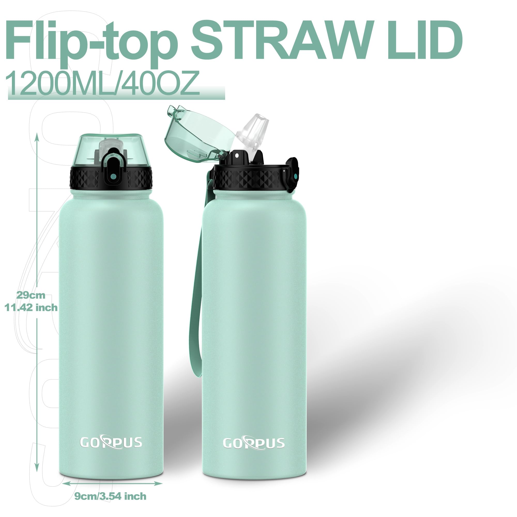 GOPPUS 1.2L/40oz Stainless Water Bottle with Straw Double Wall Insulated Bottles with Strap Large Vacuum Thermal Flask Leakproof Keep Cold Drinks Bottles with Flip Top Lid for Men Women BPA Free - Image 3