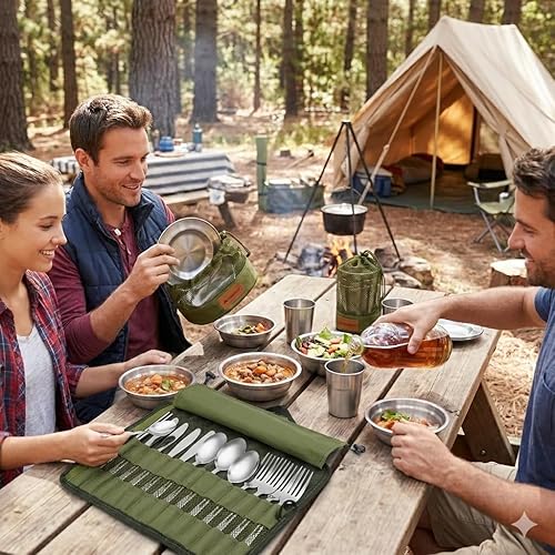 Miniatura 4 de Wealers - Juego completo de vajilla viajera de acero inoxidable pulido, vajilla para campamento o para bufet. Incluye vasos, platos, tazones