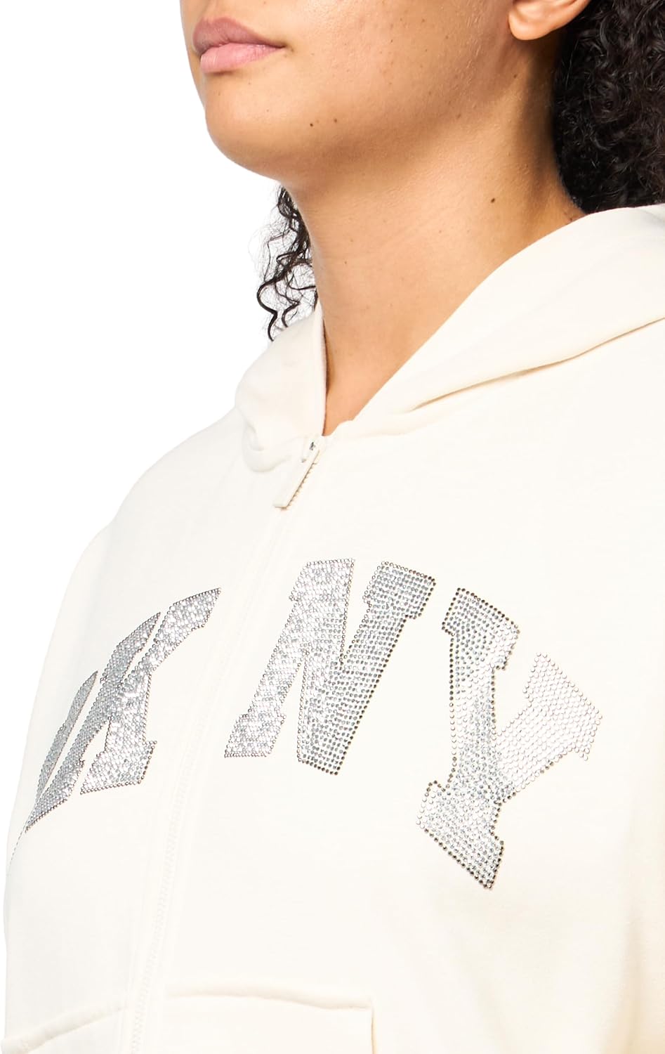 DKNY Women's Exploded Rhinestone Varsity Logo Full Zip Hoodie With Pockets