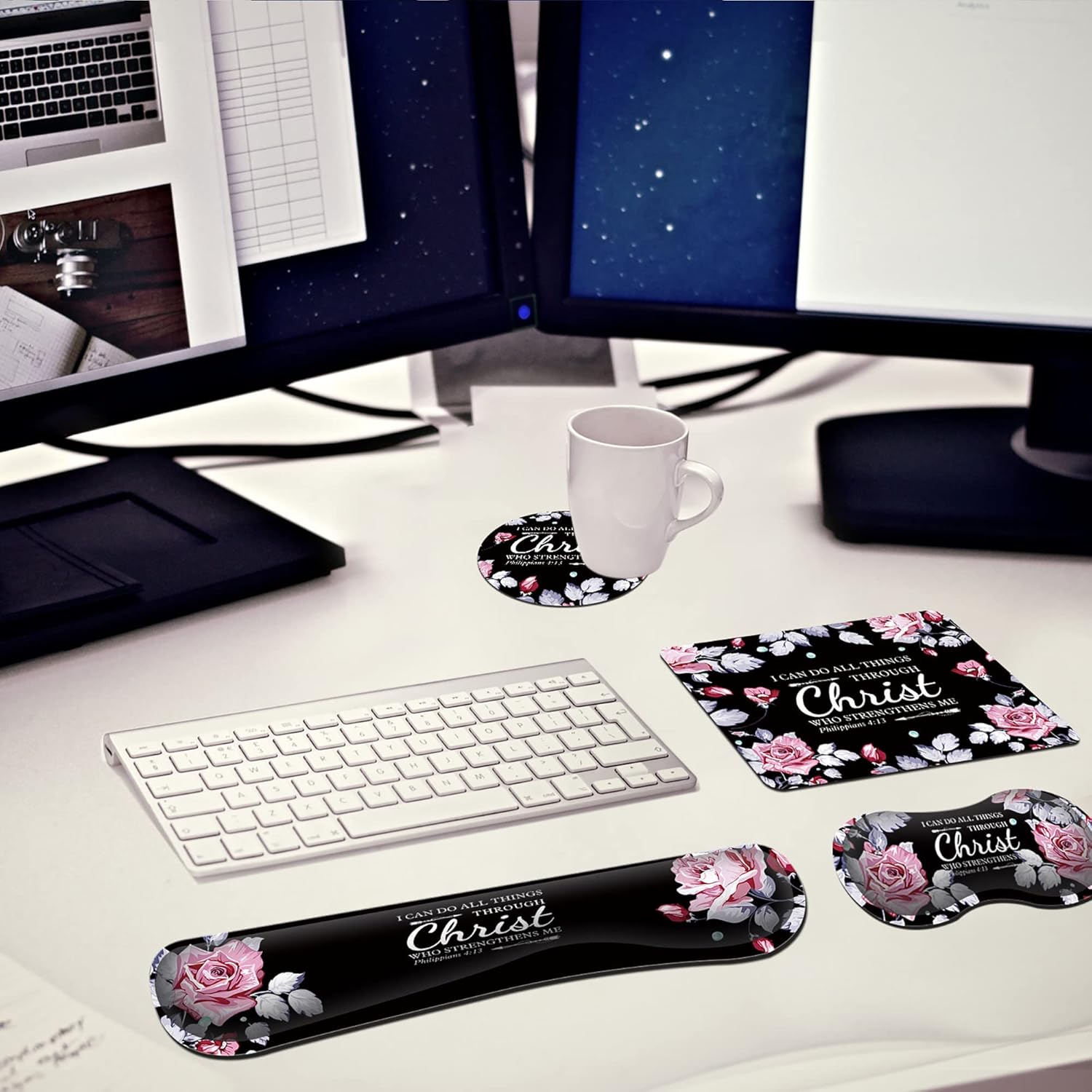 Mouse Pad with Wrist Rest+Keyboard Wrist Rest+Coaster, All in One Mouse Pad Set of 4 for Easy Typing Pain Relief, RYUITHDJP Memory Foam Wrist Support for Office Home Inspirational Quote Christian