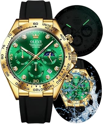 OLEVS Men's Chronograph Quartz Watches, Leather Strap Gold Case with Day Date, Waterproof Stainless Steel Wrist Watch, Luminous Watches for Men, Fashion, Leisure