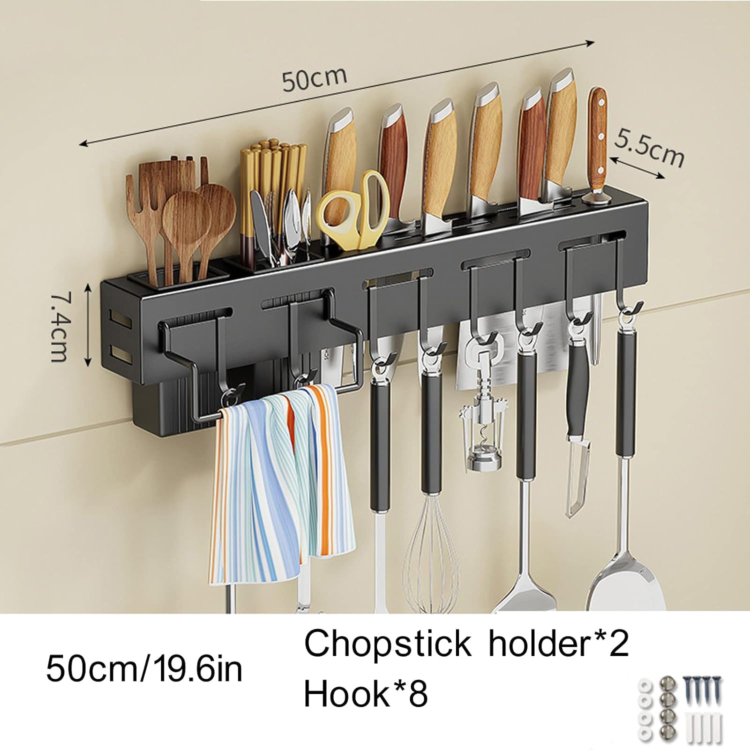 Wall-Mounted Cutlery Rack Wall Utensil Organizer Free Punching Household Multifunctional Knife Storage Rack,Black,50cm