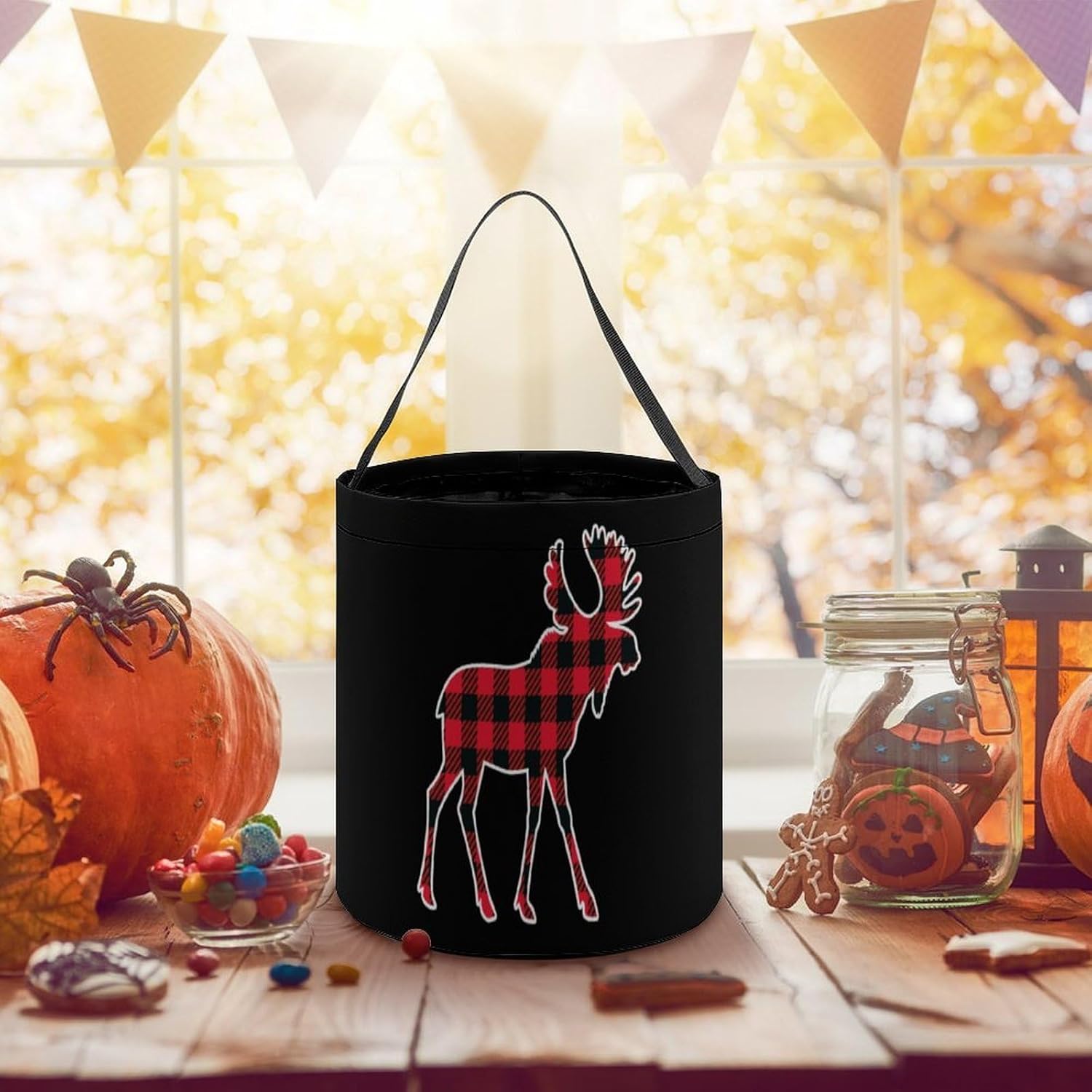 Moose Buffalo Plaid Halloween Treat Bag Reusable Candy Basket Tote Goody Bags Gift Party