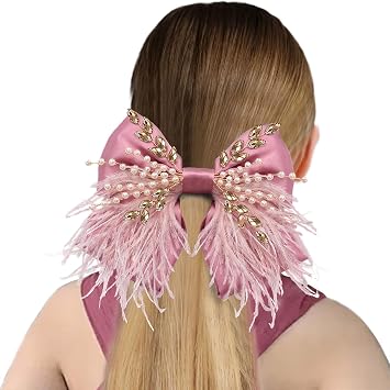 Large Hair Bows Clips for Women Girls Silk Satin Hair Barrettes, Feather Coquette Bows Hair Ties Ribbon Bow Claw Clip Hair Accessories with Pearl Crystal Pink