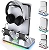 PS5/Slim/Pro Stand for Disc & Digital Console, PS5 Cooling Station with Controller Charging Station for PlayStation 5, PS5 Accessories, USB HUB 3.0, 2-Level Fan, RGB LED Light, Headset Holder