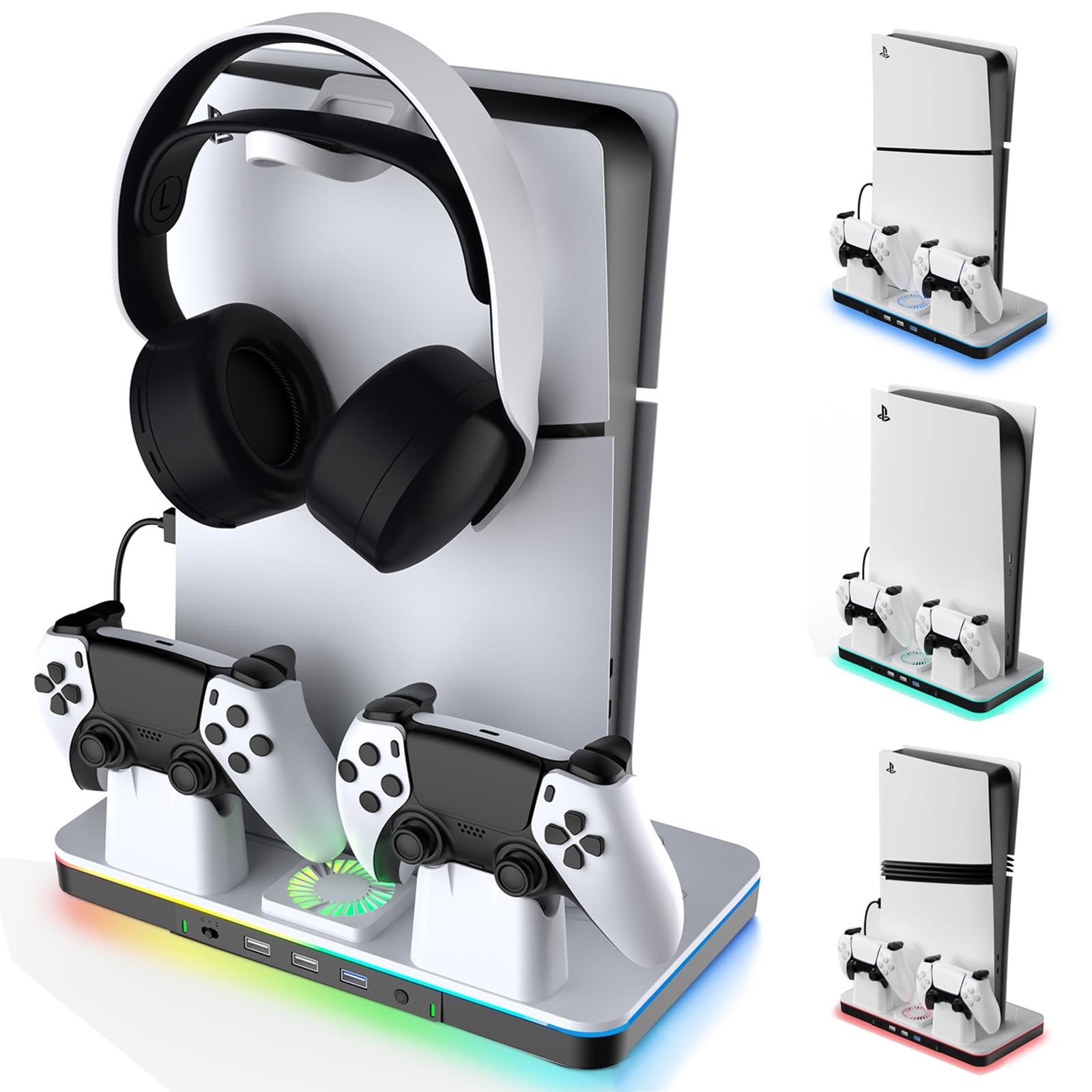 Supporto per PS5/Slim/Pro con Ventola di Raffreddamento, Ricarica Controller PS5, Base PS5 Supporto Verticale con Hub USB 3.0 per Playstation 5 Console Edizione Disco/Digital