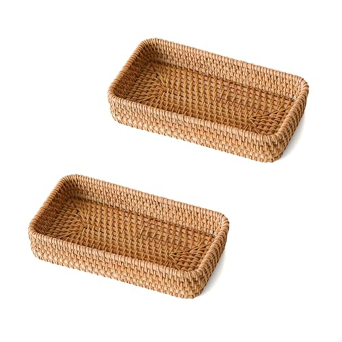 2 Pack Small Rattan Serving Tray, Natural Wicker Decorative Tray