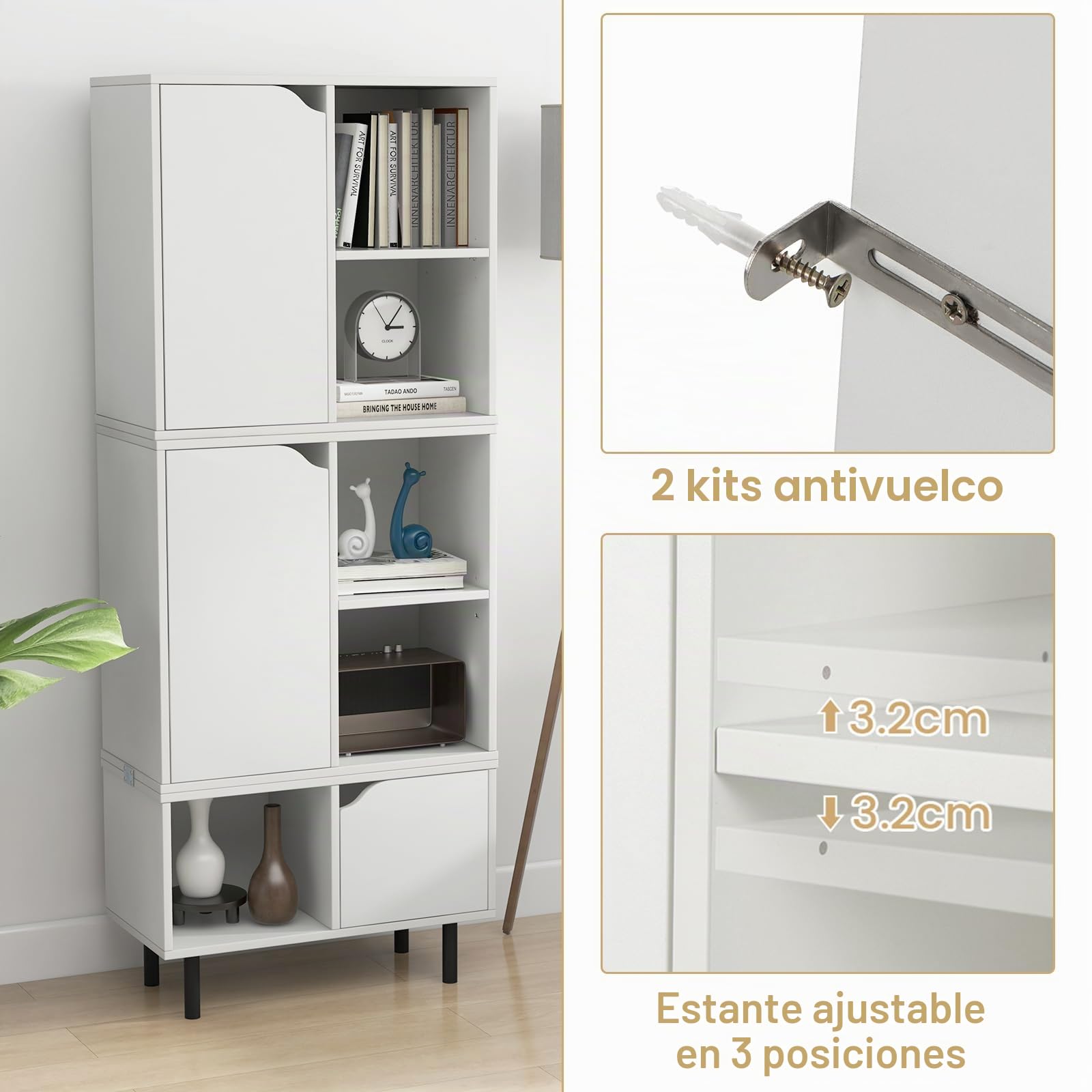 KOMFOTTEU 2 en 1 Librería Abierta Apilable con 2 Armarios y 3 Cubos