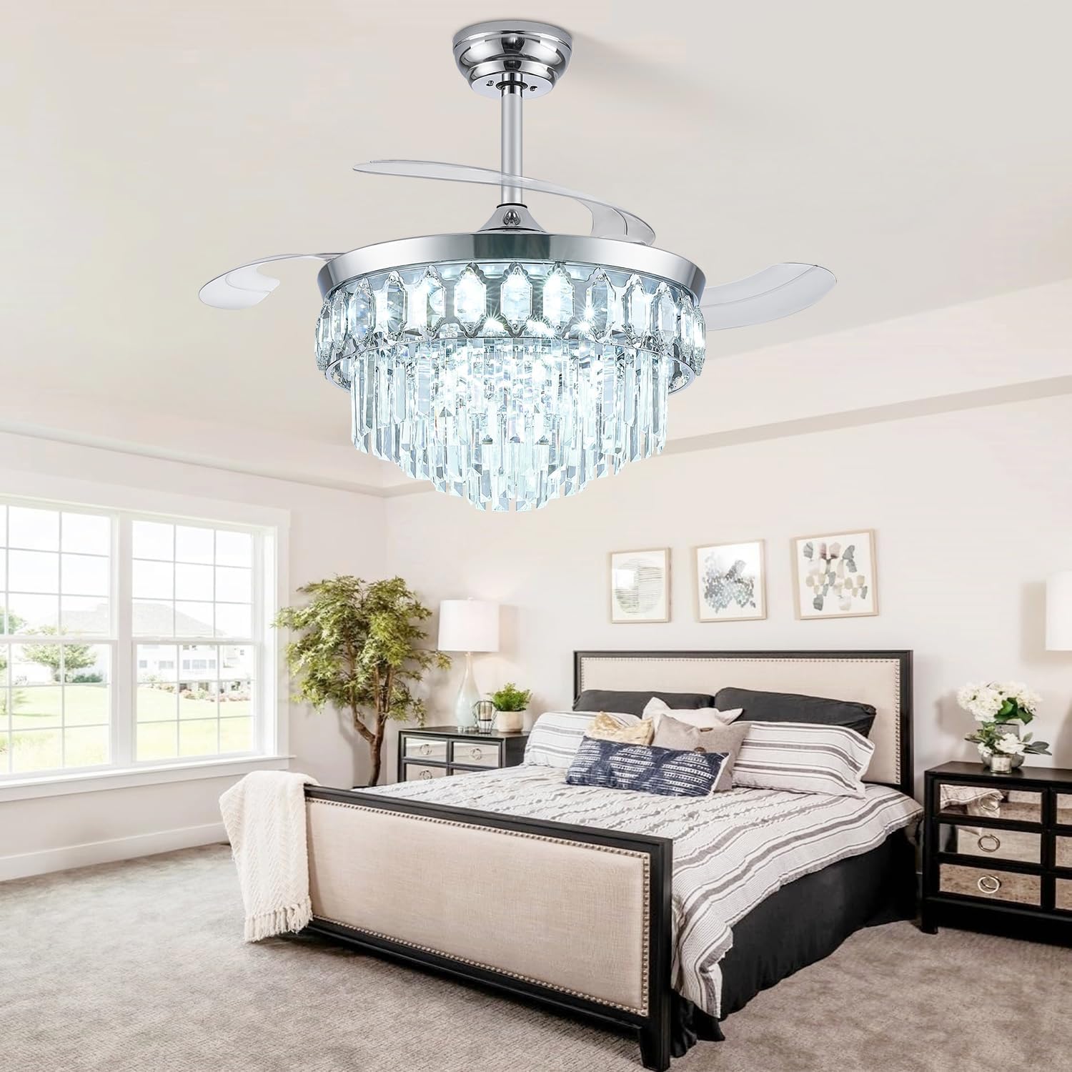 42 Inch Fandelier Ceiling Fan with Light, Retractable Ceiling Fan with Lights Chandelier Fan for Bedroom, Living Room, 3 Color Temperature, 6 Wind Speed-Chrome
