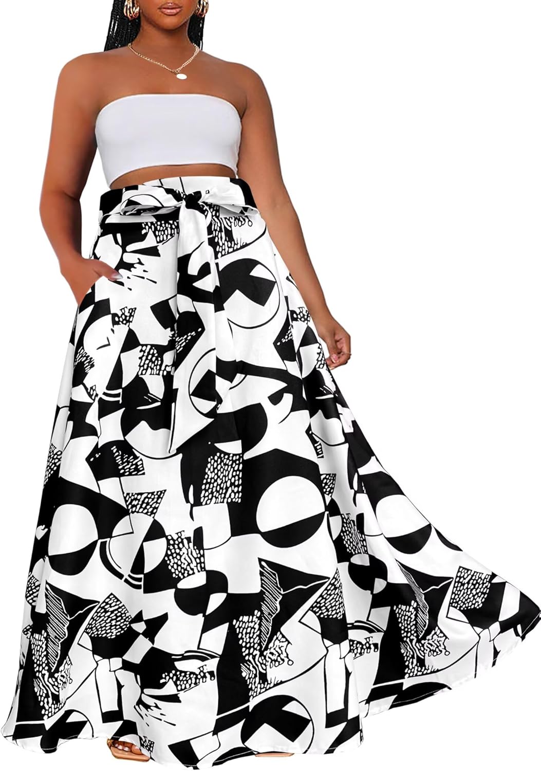 Afibi Womens Casual High Waist Tie African Print Long Maxi Skirt with Pockets - Image 2