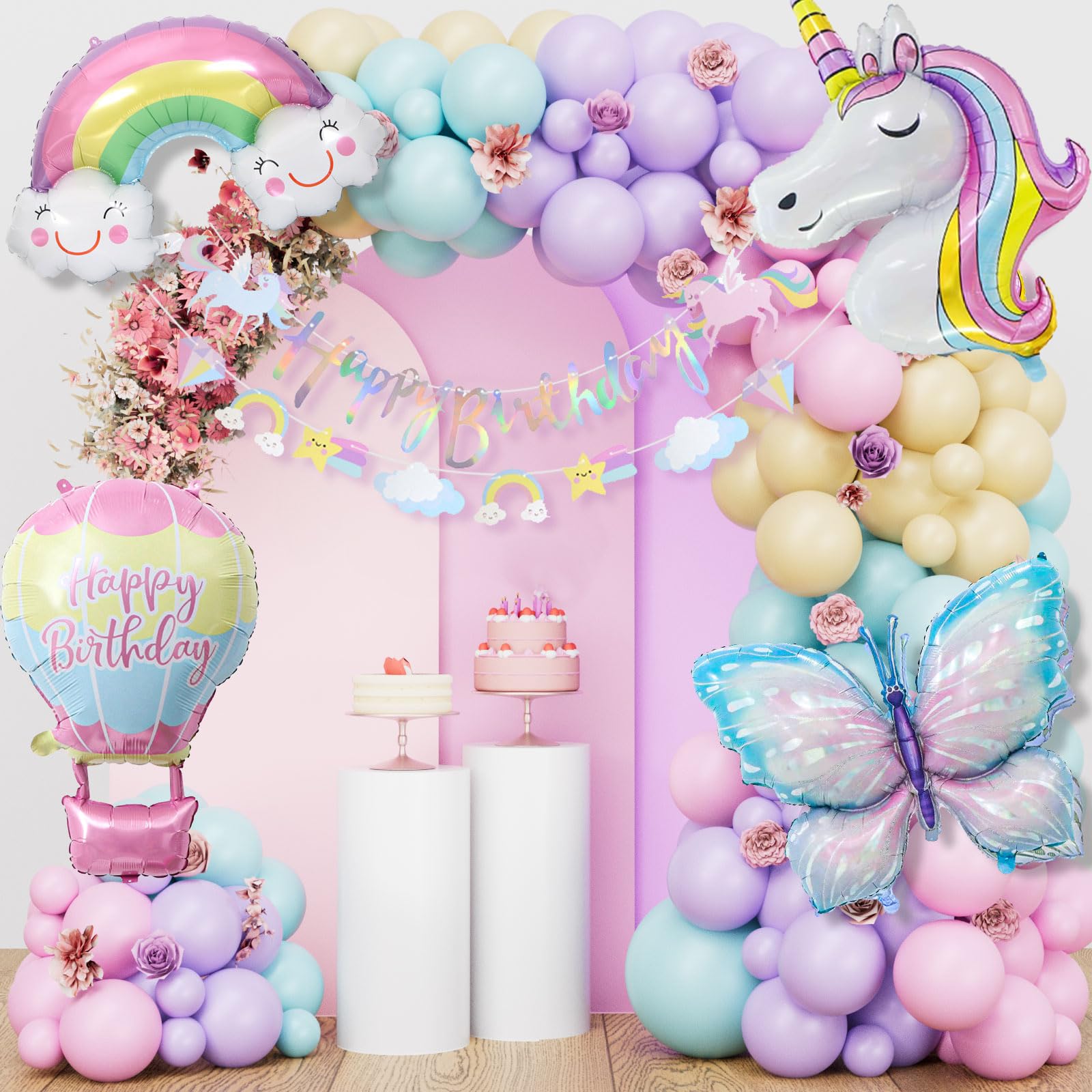 Einhorn Geburtstagsdeko für Mädchen - Schmetterling Deko für Kindergeburtstag, 1-10 Jahre Happy Birthday Deko mit Einhorn Luftballons