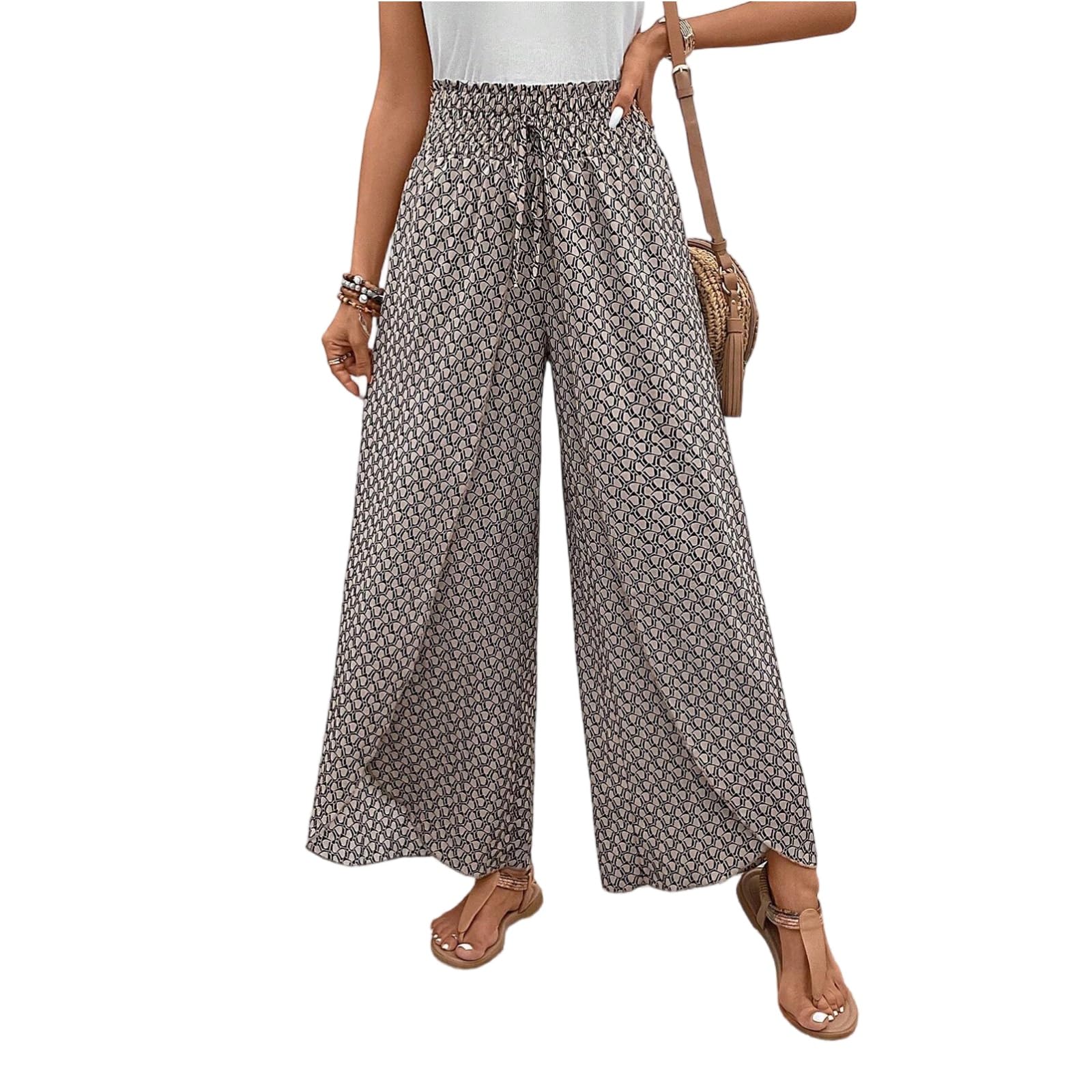 Ditsy Floral Pants for Women Front Slit Baggy Wide Leg Pants Summer Bohemian Drawstring High Waisted Paper Bag Pants