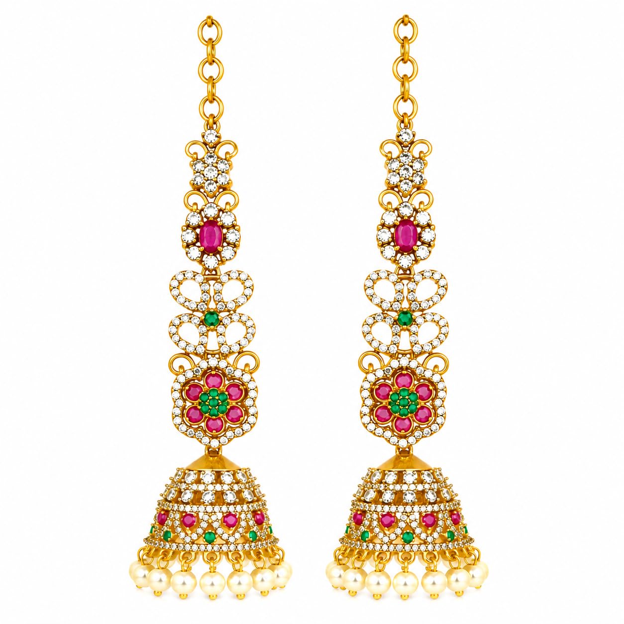 Gold Plated CZ AD Stone Long Dangler Earrings with Pearl Drops | Premium Bridal Jhumka Earrings for Women | Traditional Ethnic Wedding Jewellery | Temple Style Designer Earrings for Saree Lehenga-picture-27