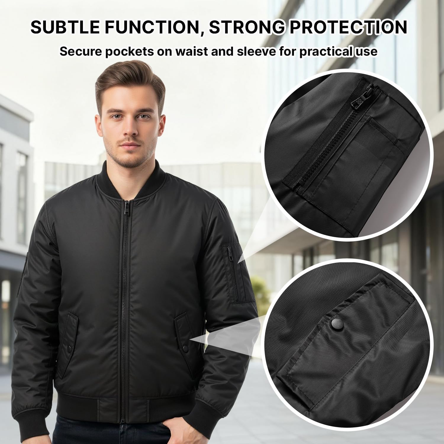 Men's Bomber Jacket, Warm Jackets Fall Winter Full Zipper Windbreaker Casual Coat - Image 5